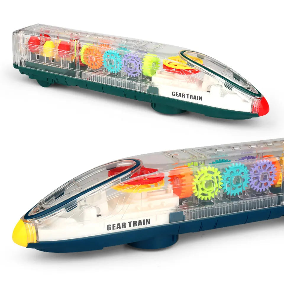 Transparent Gear Light Train – 3D Moving Gears, LED Lights, Bump-and-Go & Sound (Model V434)