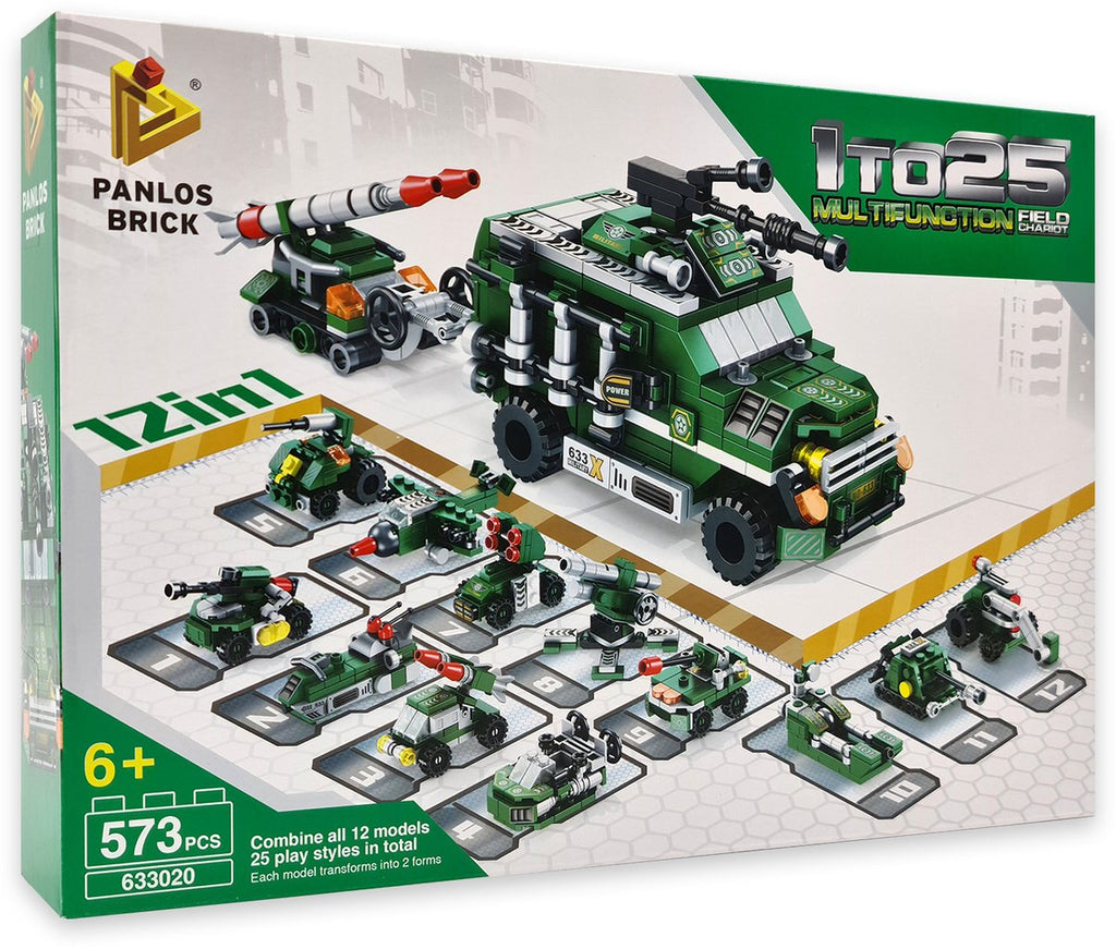 Panlos Military Building Blocks - 573 Pieces, 12-in-1 Transport Vehicles | 25 styles in 1 block