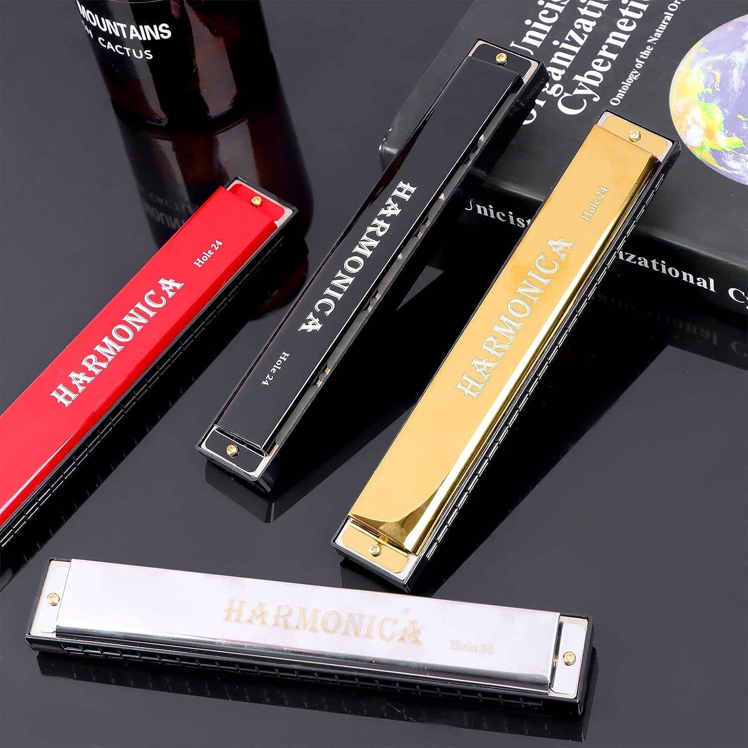 24-Hole Tremolo Harmonica in Key of C – Double-Row Design (Red, Gold & Silver)