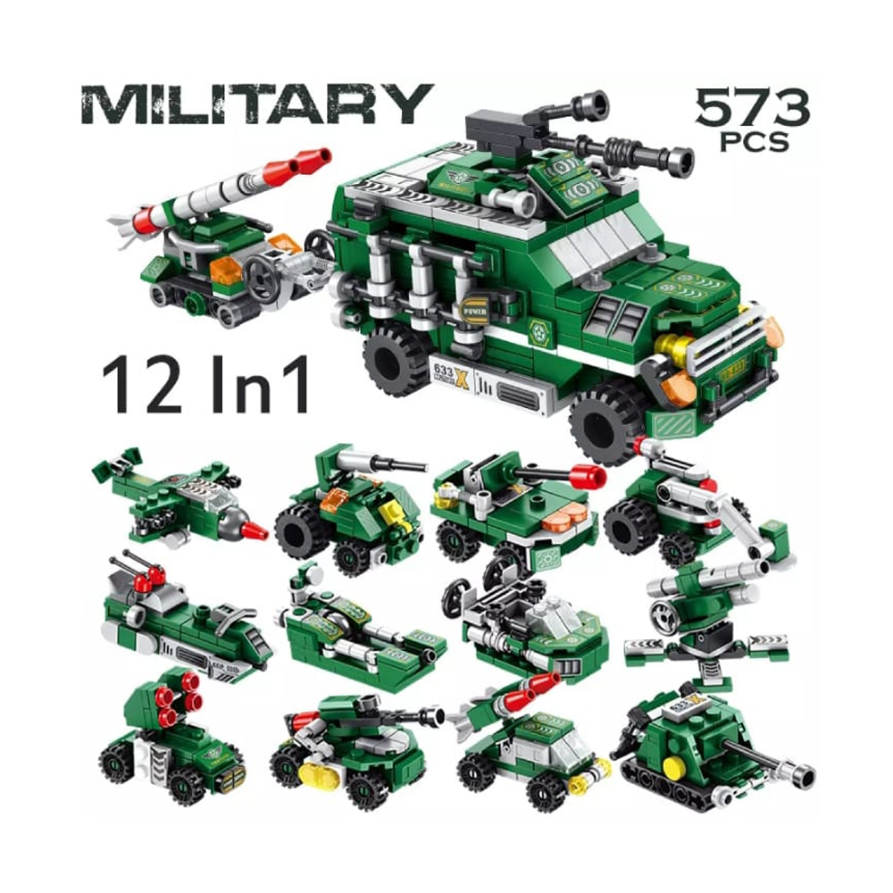 Panlos Military Building Blocks - 573 Pieces, 12-in-1 Transport Vehicles | 25 styles in 1 block