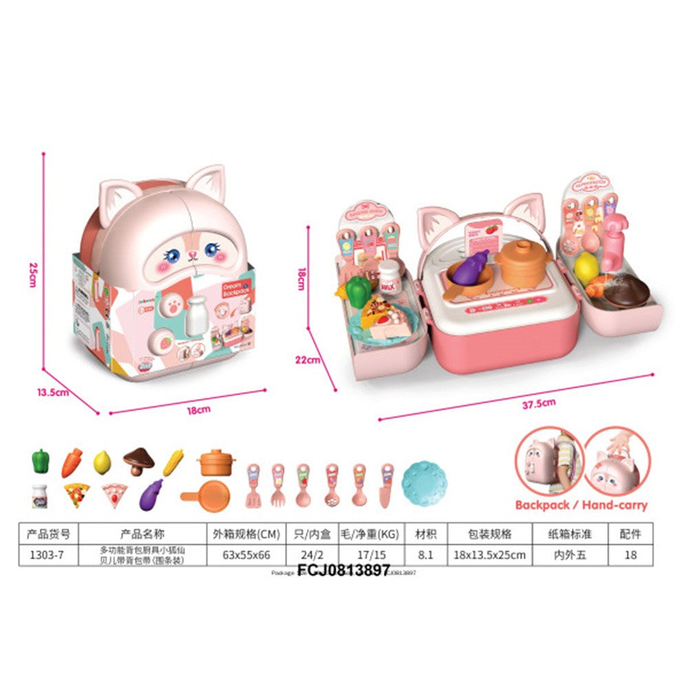 Pink Rabbit Ear Backpack Kitchen Set - Kids Pretend Play Cooking Toy