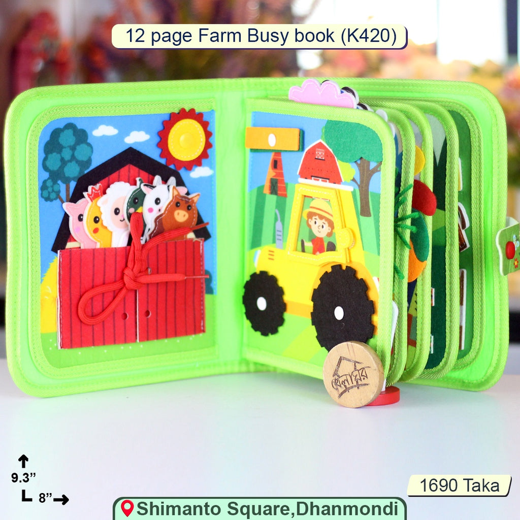 Farm Busy Book – 12-Page Montessori Felt Quiet Book with Fine Motor Activities (Model K420)
