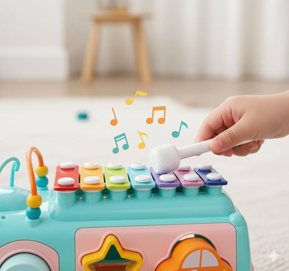 Huanger Music Bus – 3-in-1 Xylophone, Shape Sorter & Pull-Along Toy for Toddlers | Ages 18M+