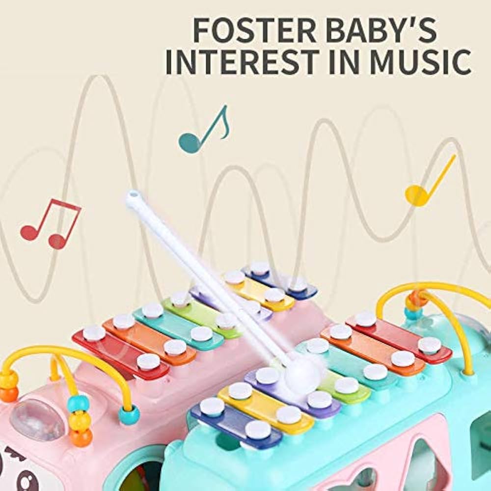 Huanger Music Bus – 3-in-1 Xylophone, Shape Sorter & Pull-Along Toy for Toddlers | Ages 18M+