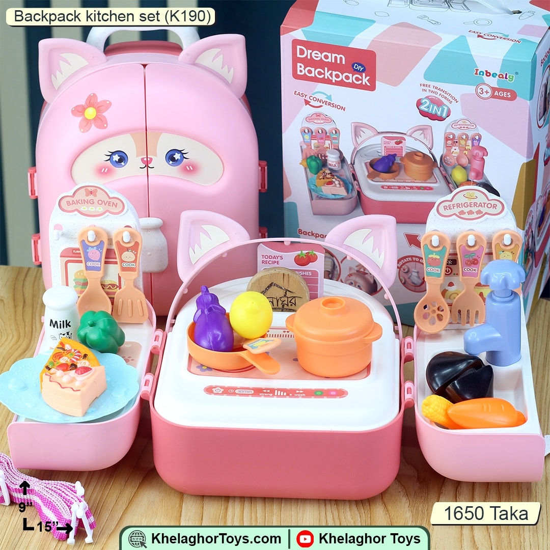 Pink Rabbit Ear Backpack Kitchen Set - Kids Pretend Play Cooking Toy