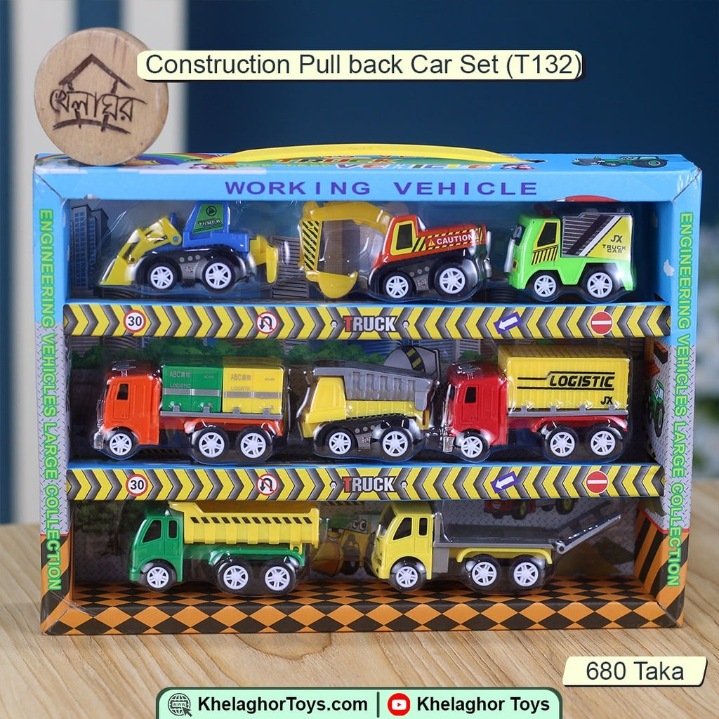 Construction Pull Back Car Set - 6 Friction-Powered Vehicles for Kids 3+