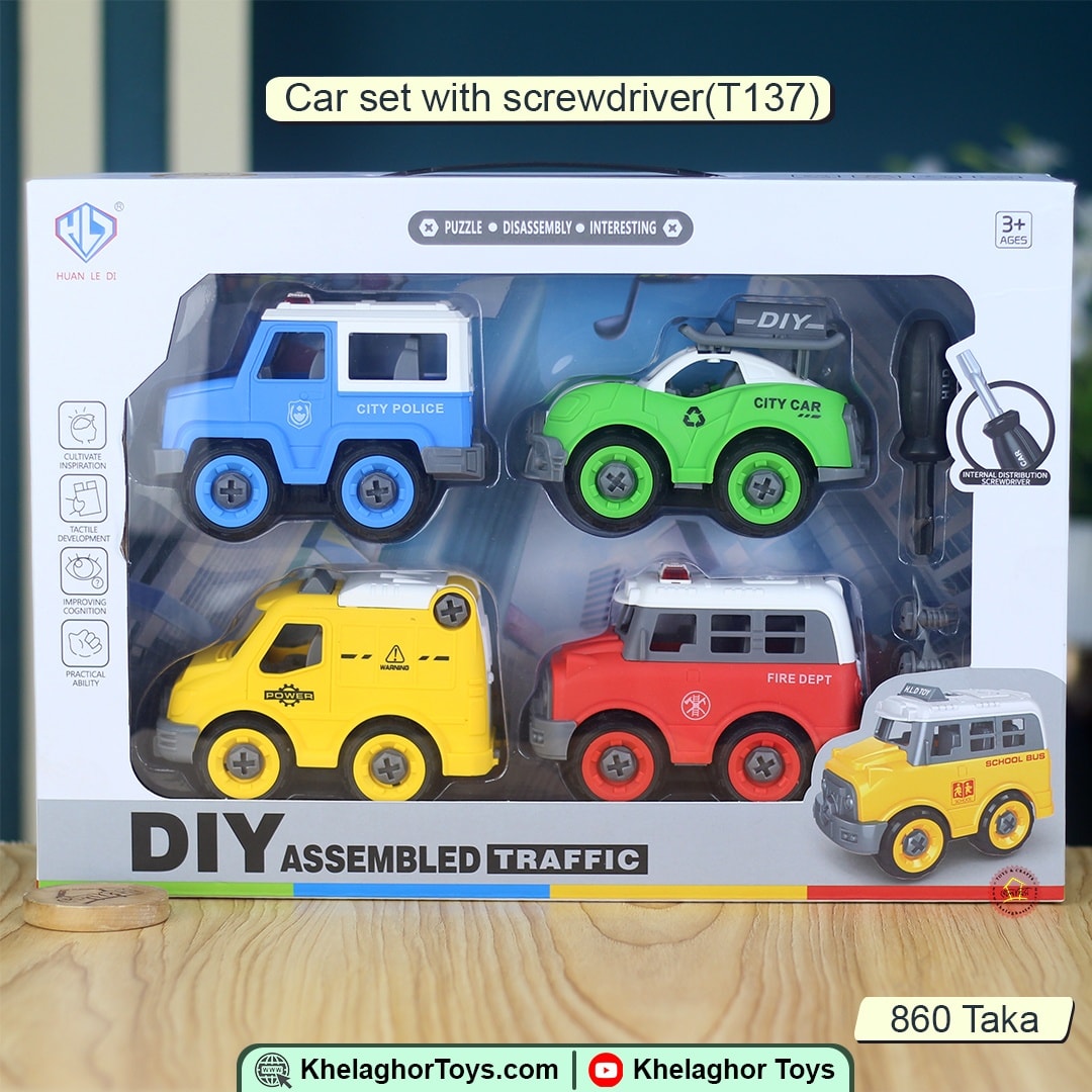 DIY Traffic Engineering Car Puzzle - 4 Vehicles Assembly Set for Kids 3+