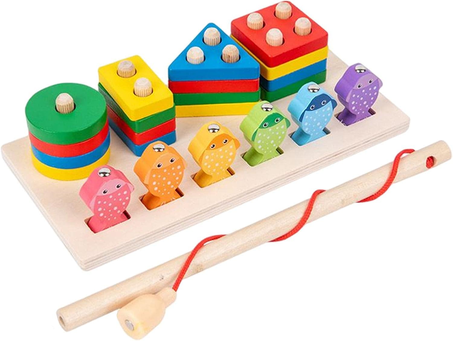 2-in-1 Wooden Fishing & Shape Sorting Puzzle Set – Magnetic Fishing & Stacking Blocks for Kids
