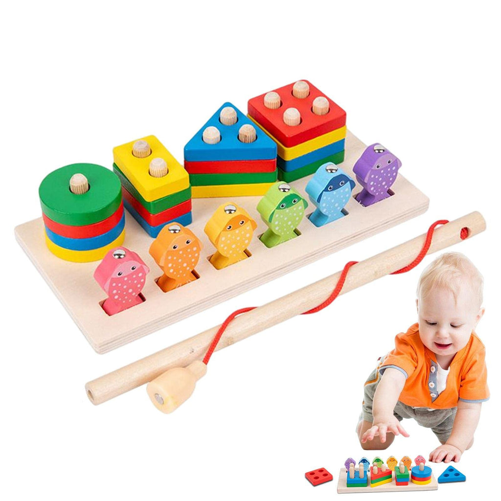 2-in-1 Wooden Fishing & Shape Sorting Puzzle Set – Magnetic Fishing & Stacking Blocks for Kids