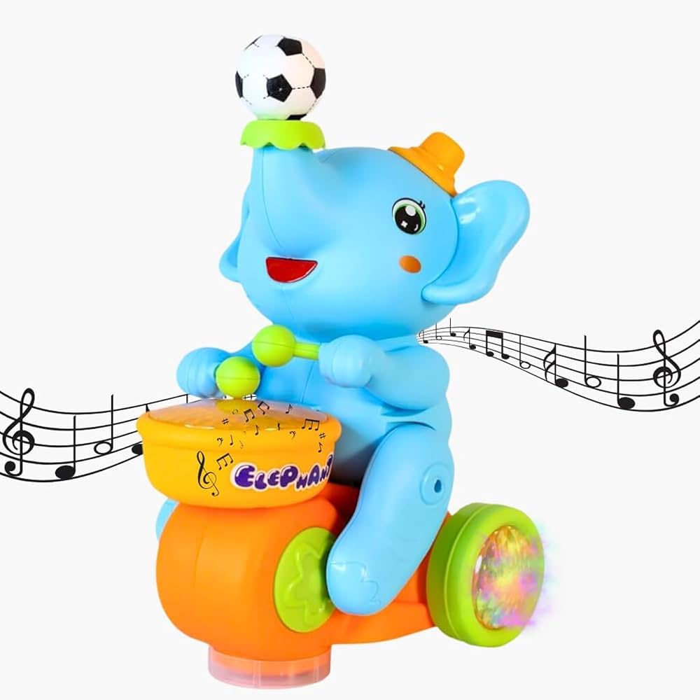 Elephant Musician Blowing Ball Toy – Drums, LED Lights & Music on Tricycle (Model B424)