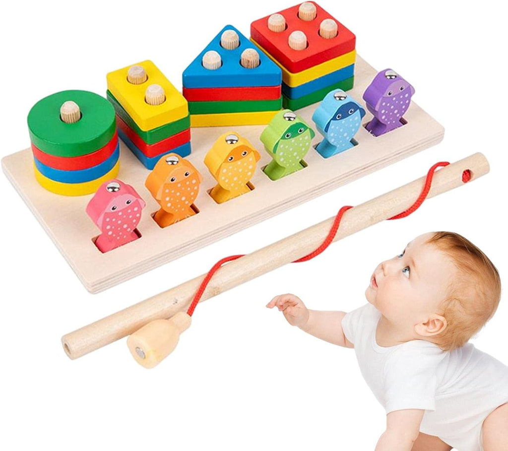2-in-1 Wooden Fishing & Shape Sorting Puzzle Set – Magnetic Fishing & Stacking Blocks for Kids