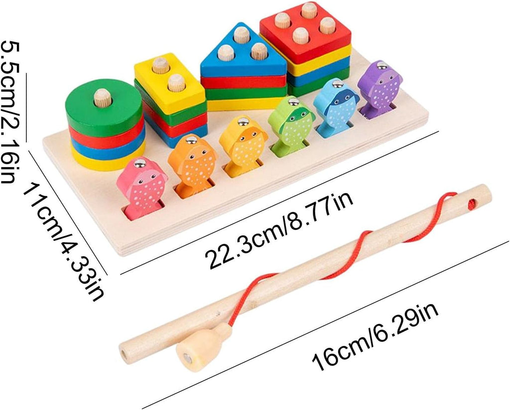 2-in-1 Wooden Fishing & Shape Sorting Puzzle Set – Magnetic Fishing & Stacking Blocks for Kids