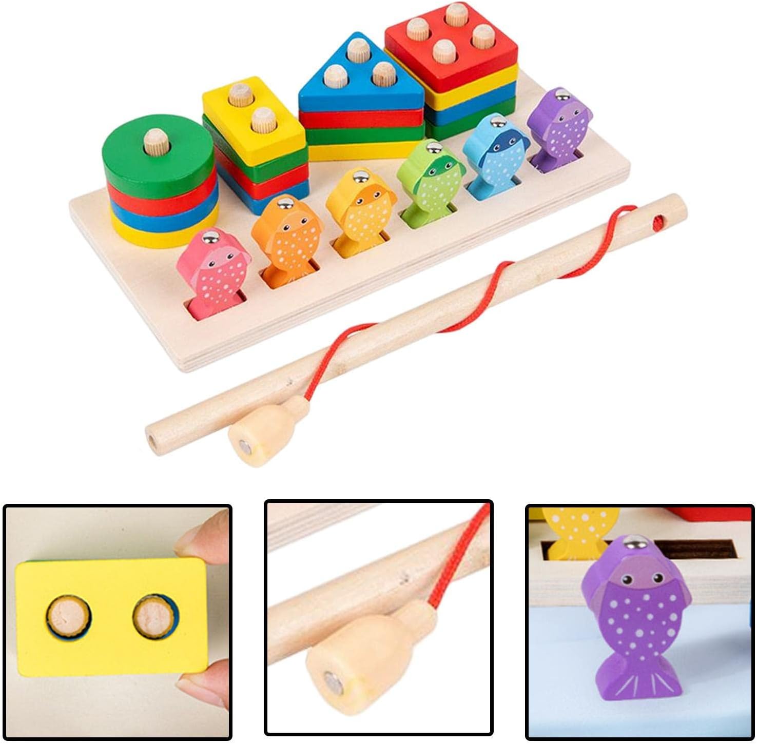 2-in-1 Wooden Fishing & Shape Sorting Puzzle Set – Magnetic Fishing & Stacking Blocks for Kids