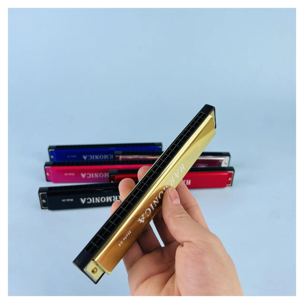 24-Hole Tremolo Harmonica in Key of C – Double-Row Design (Red, Gold & Silver)