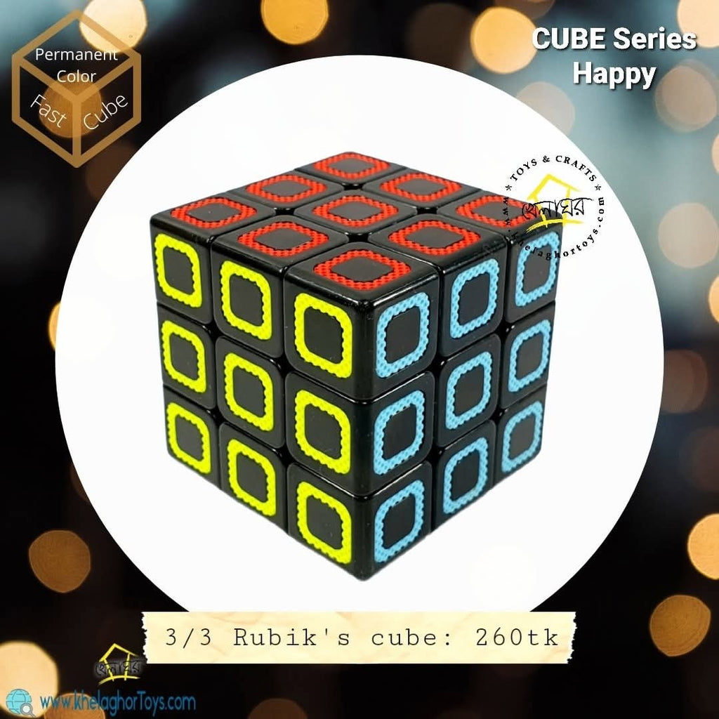 Cube Series Happy 3x3 Magic Cube | Permanent Color Ring Tiles | Stickerless Black Body