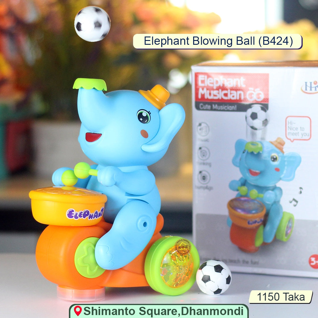 Elephant Musician Blowing Ball Toy – Drums, LED Lights & Music on Tricycle (Model B424)