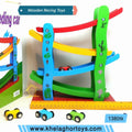 Khelaghor Toys Wooden Racing Cars | 4-Level Zig-Zag Track Set with 4 Cars for Toddlers