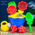 Baby Bath & Beach Toy Set – Blue Bucket, Yellow Watering Can & Flower Sand Molds for Kids