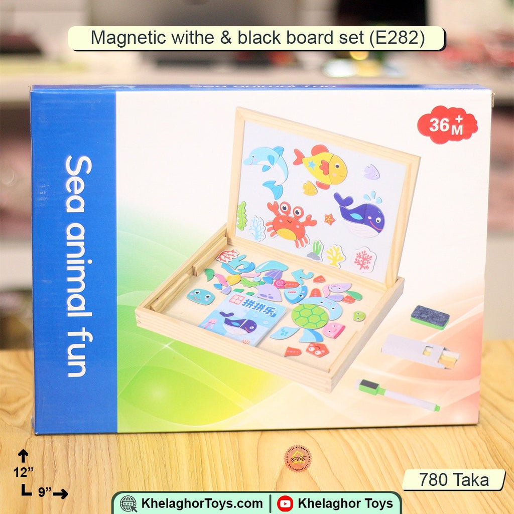 Sea Animal Fun 2-in-1 Magnetic Whiteboard & Chalkboard Set | Wooden Puzzle Pieces, Chalk & Marker