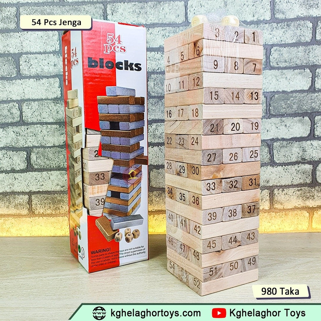 Numbered Wooden Jenga Stacking Game – 54-Piece Block Tower with 4 Dice