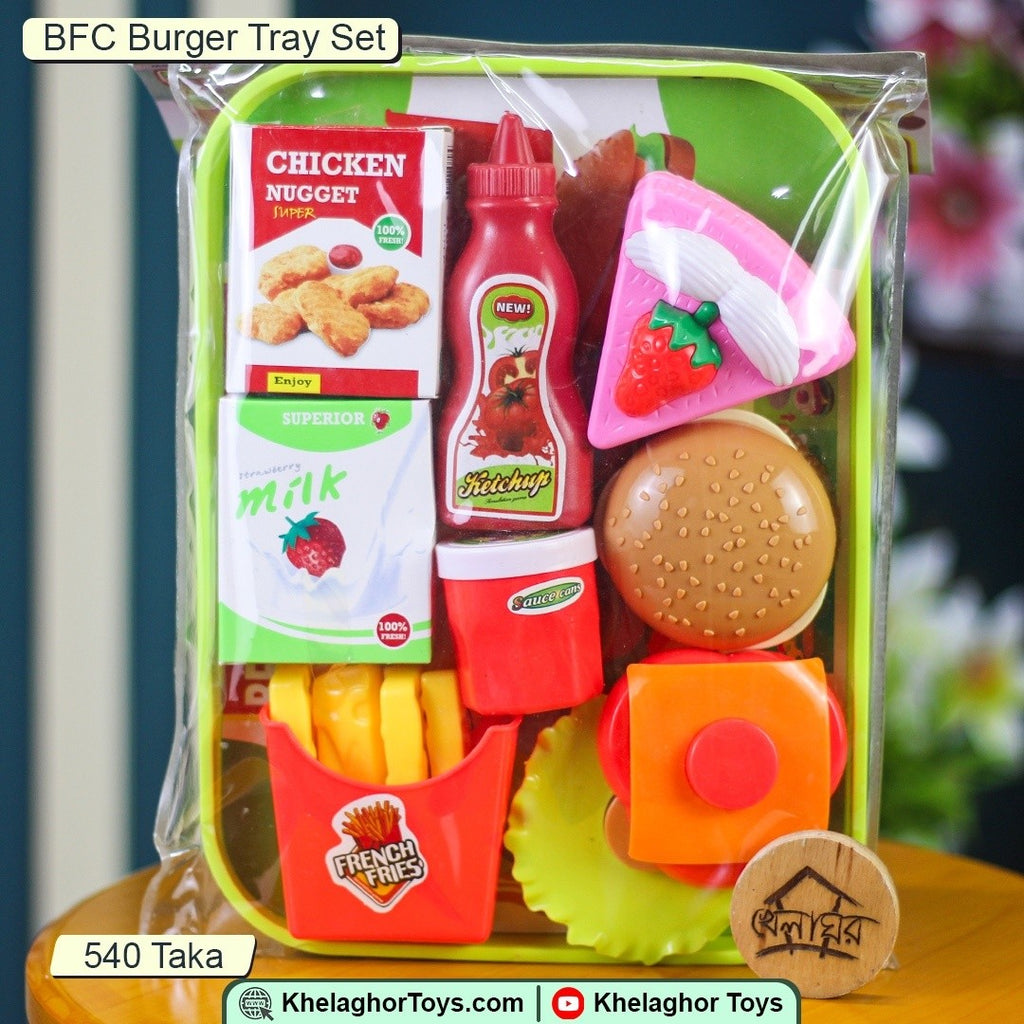 BFC Burger Tray Set | Simulation Fast Food Kitchen Playset with Burger, Fries, Nuggets & Drink