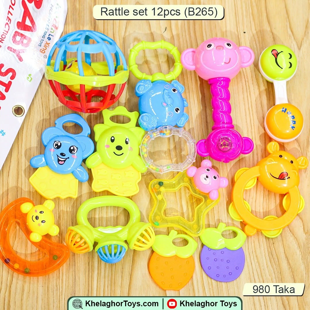 Khelaghor Toys 12-Piece Baby Rattle & Teether Set – Colorful Animal-Themed