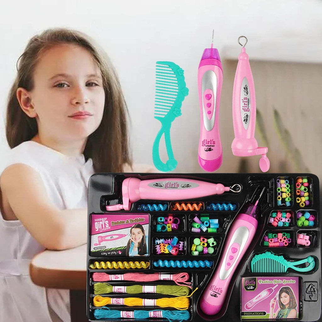 Girl's Creator 2-in-1 Double The Fun | Electric Hair Beader & Braider Set with Beads & Threads
