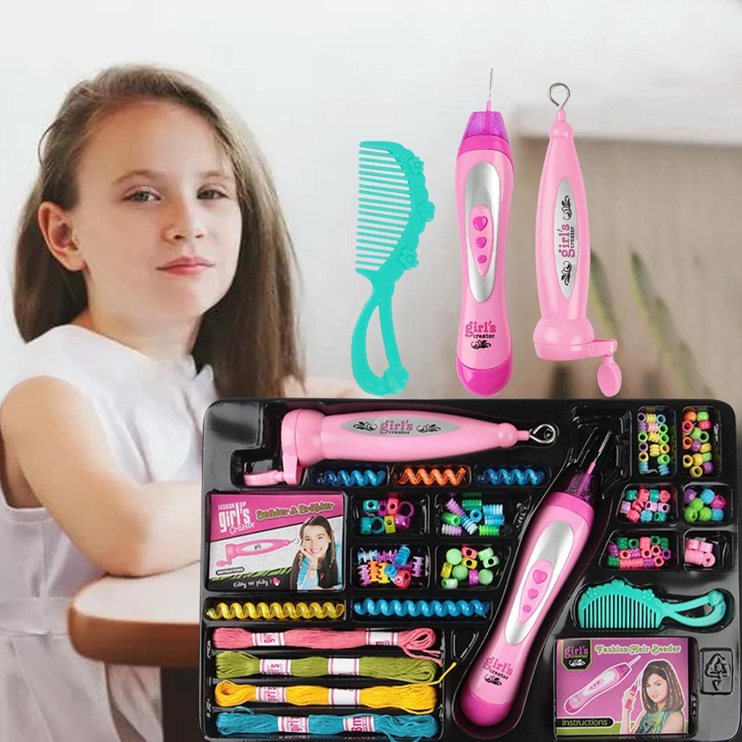 Girl's Creator 2-in-1 Double The Fun | Electric Hair Beader & Braider Set with Beads & Threads