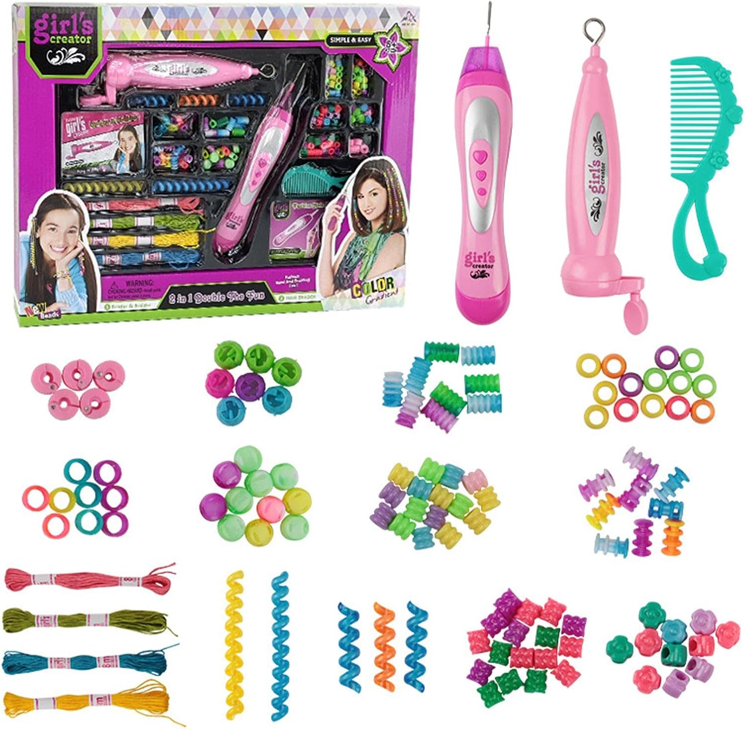 Girl's Creator 2-in-1 Double The Fun | Electric Hair Beader & Braider Set with Beads & Threads