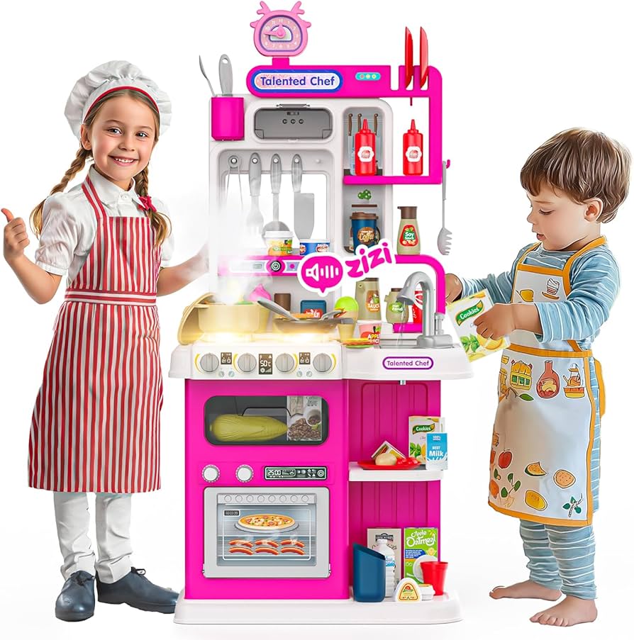 Talented Chef Modern Kitchen Playset | 95-Piece Pink Set with Water Spray Sink, Lights & Sound
