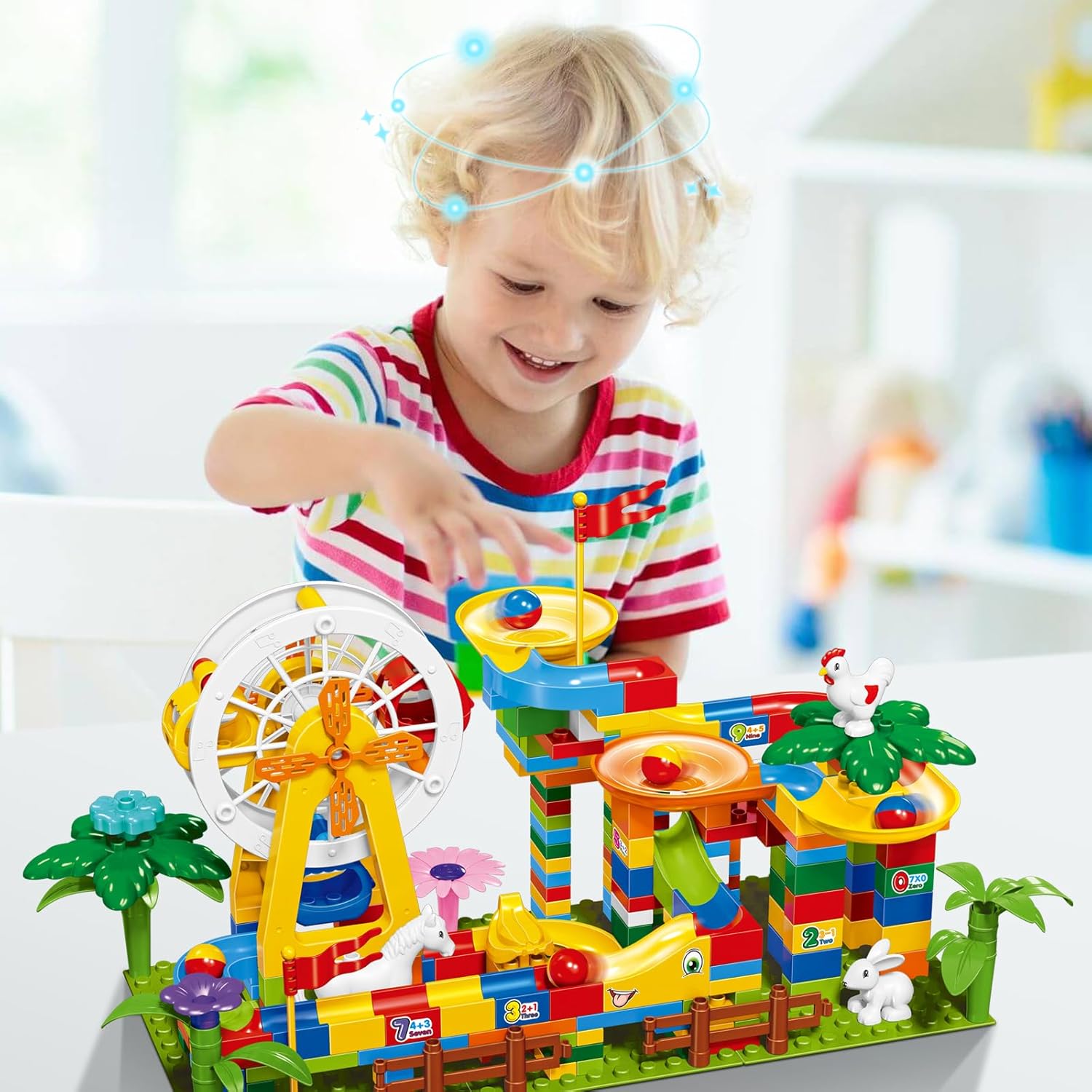 JINLIJIA 247-Piece Marble Run Set | Ferris Wheel, Building Blocks, Slides & Animal Figures