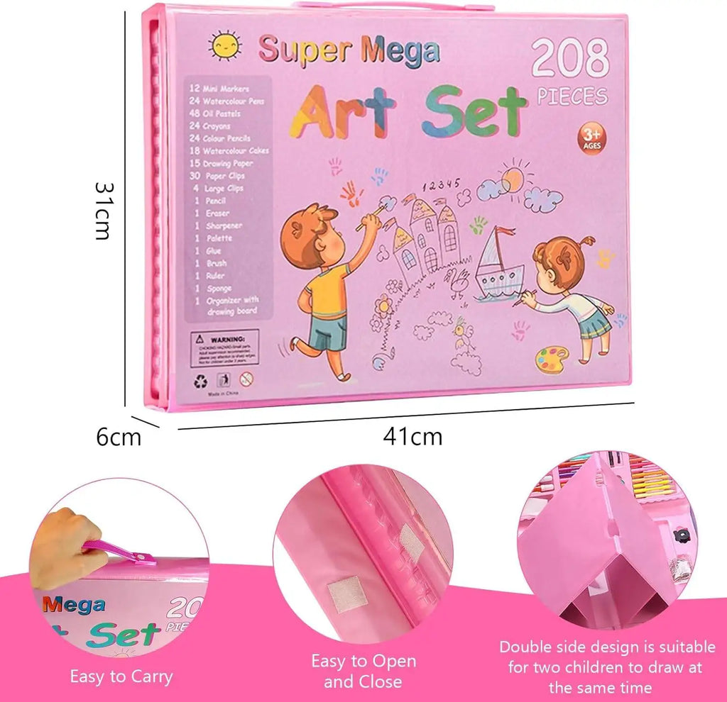 Super Mega Art Set for Kids – 208-Piece Drawing & Painting Kit with Built-In Easel (Ages 3+)