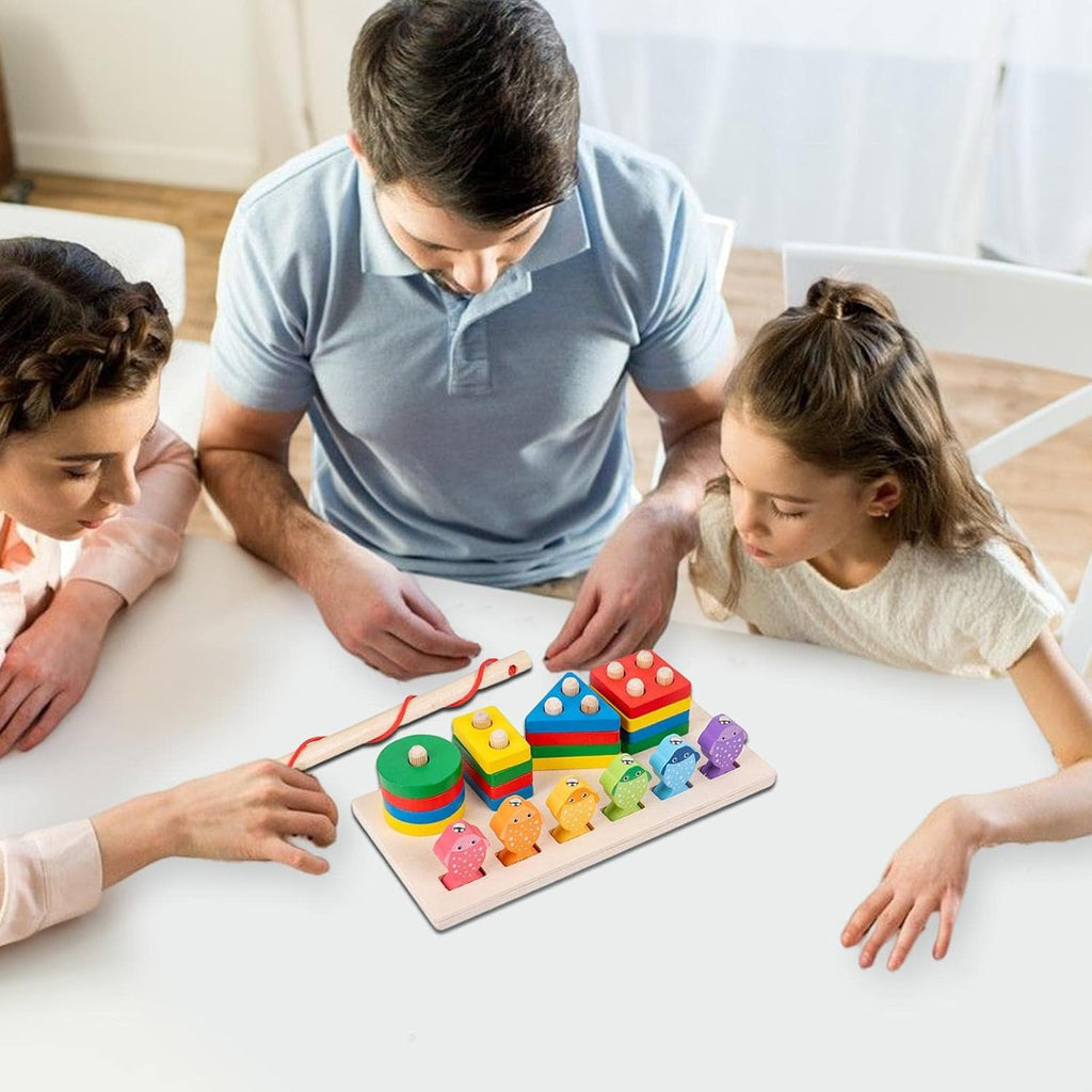 2-in-1 Wooden Fishing & Shape Sorting Puzzle Set – Magnetic Fishing & Stacking Blocks for Kids