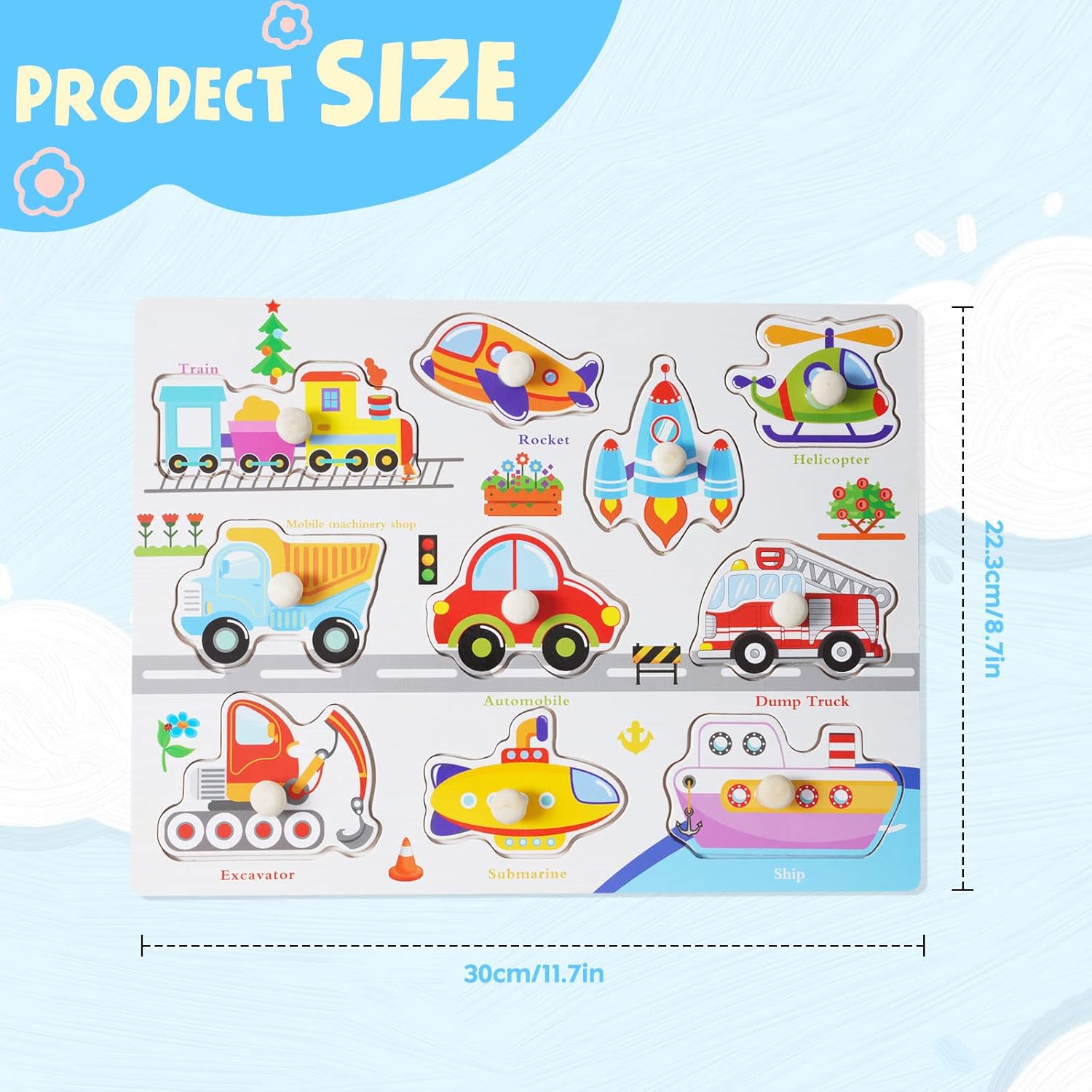 Wooden Vehicles Peg Puzzle with Whiteboard - 9 Piece Educational Toy