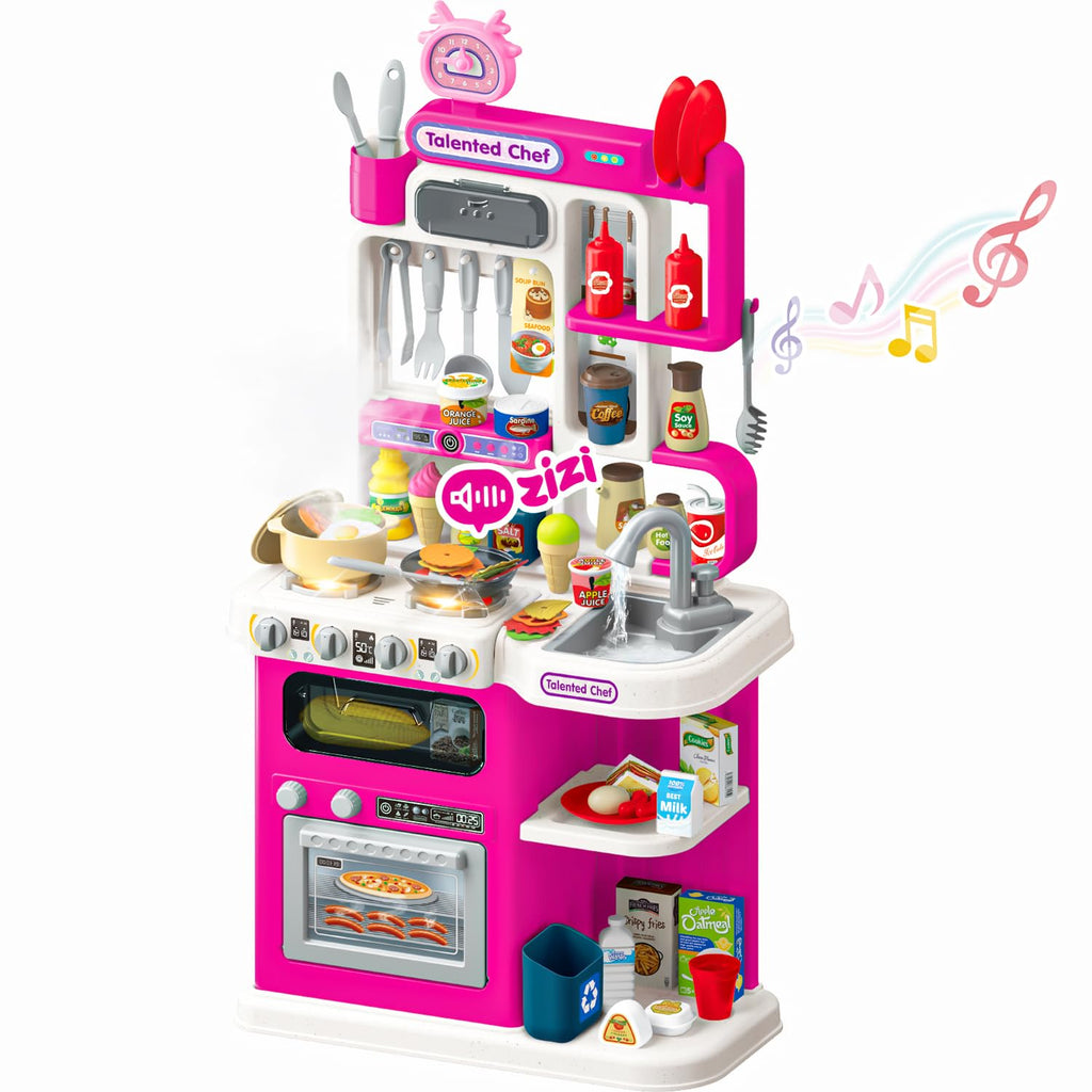 Talented Chef Modern Kitchen Playset | 95-Piece Pink Set with Water Spray Sink, Lights & Sound