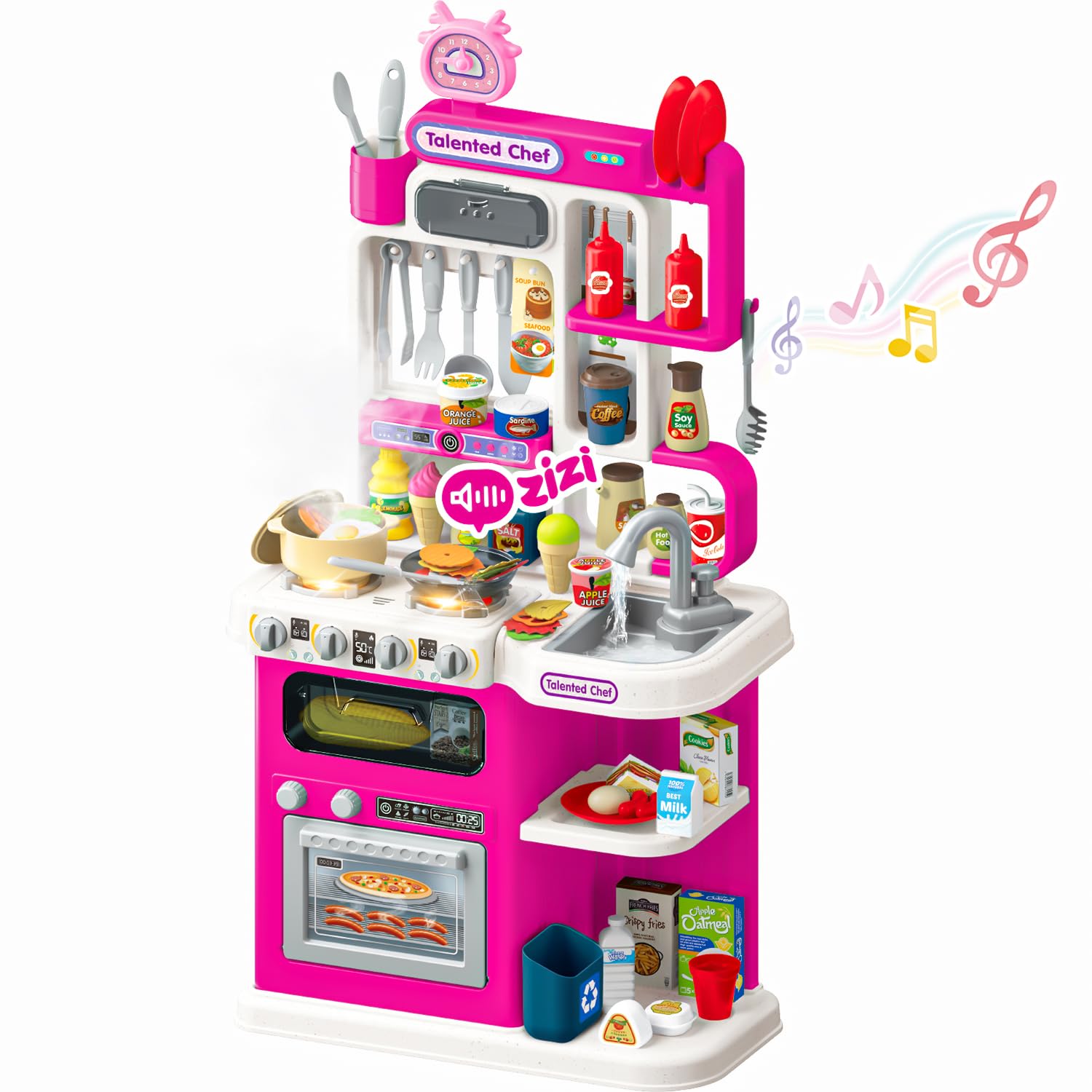 Talented Chef Modern Kitchen Playset | 95-Piece Pink Set with Water Spray Sink, Lights & Sound