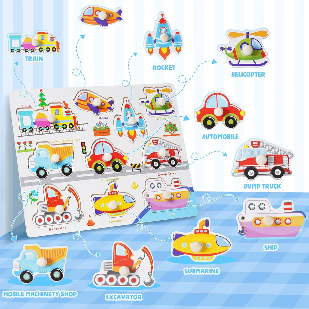 Wooden Vehicles Peg Puzzle with Whiteboard - 9 Piece Educational Toy