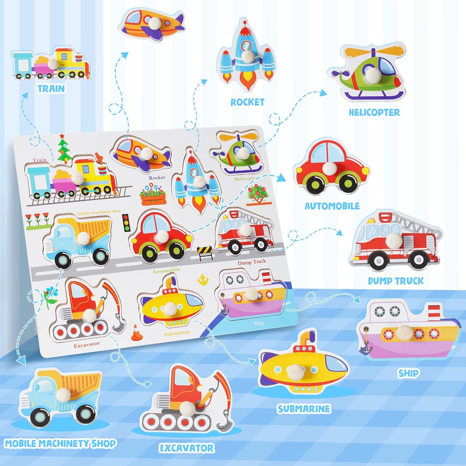 Wooden Vehicles Peg Puzzle with Whiteboard - 9 Piece Educational Toy