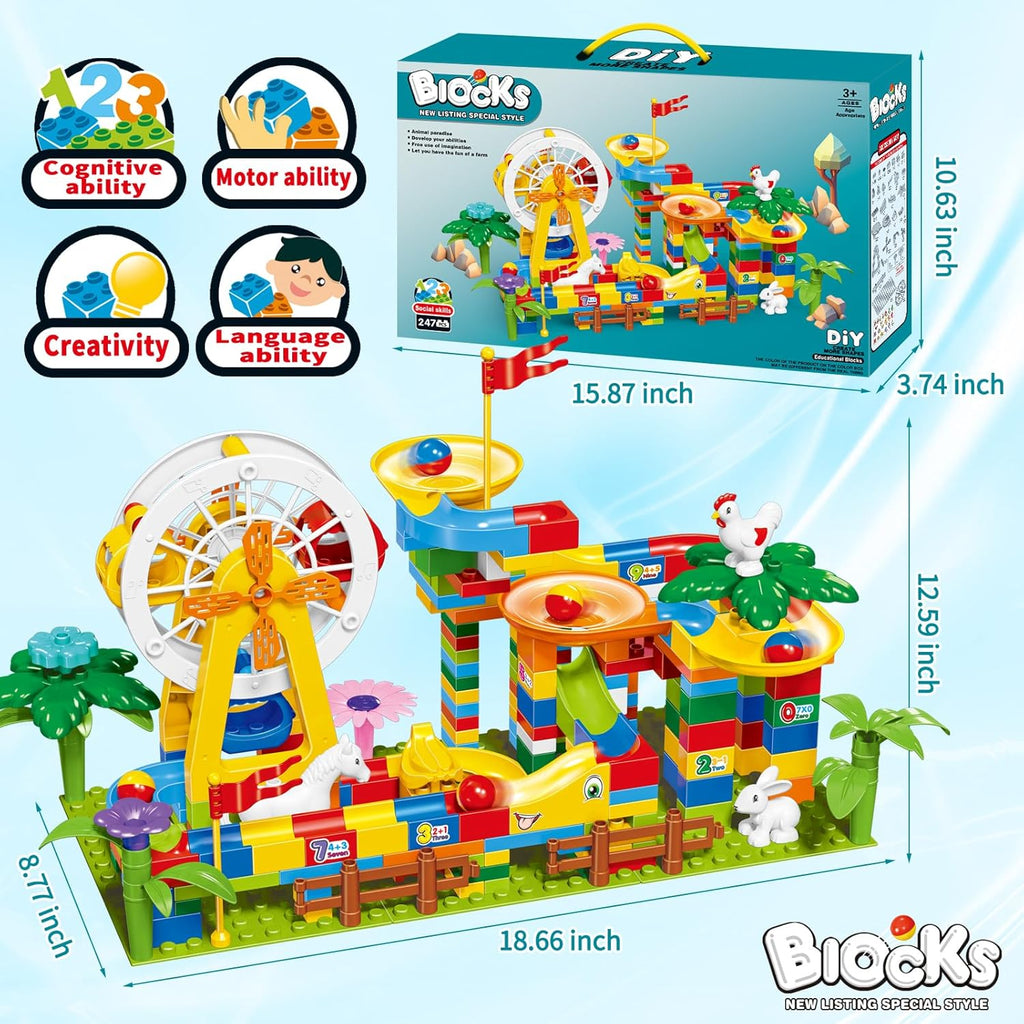 JINLIJIA 247-Piece Marble Run Set | Ferris Wheel, Building Blocks, Slides & Animal Figures
