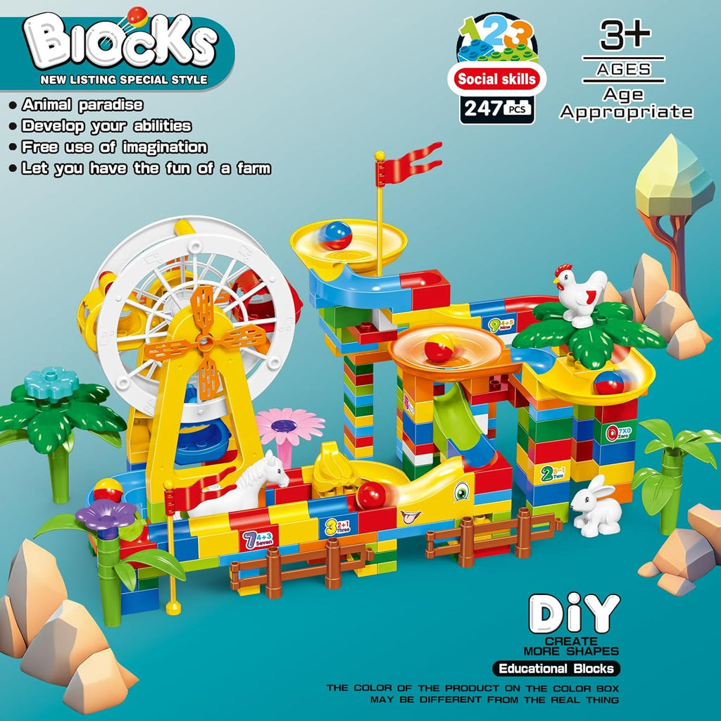 JINLIJIA 247-Piece Marble Run Set | Ferris Wheel, Building Blocks, Slides & Animal Figures