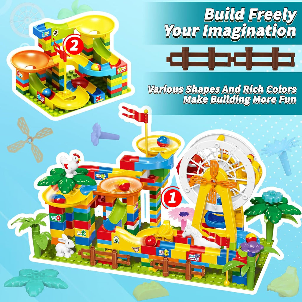 JINLIJIA 247-Piece Marble Run Set | Ferris Wheel, Building Blocks, Slides & Animal Figures