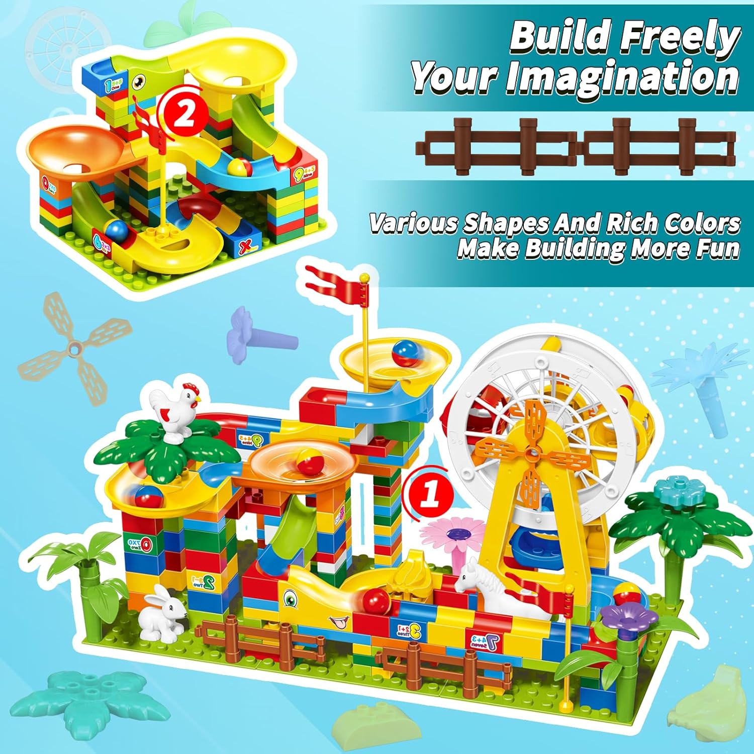 JINLIJIA 247-Piece Marble Run Set | Ferris Wheel, Building Blocks, Slides & Animal Figures