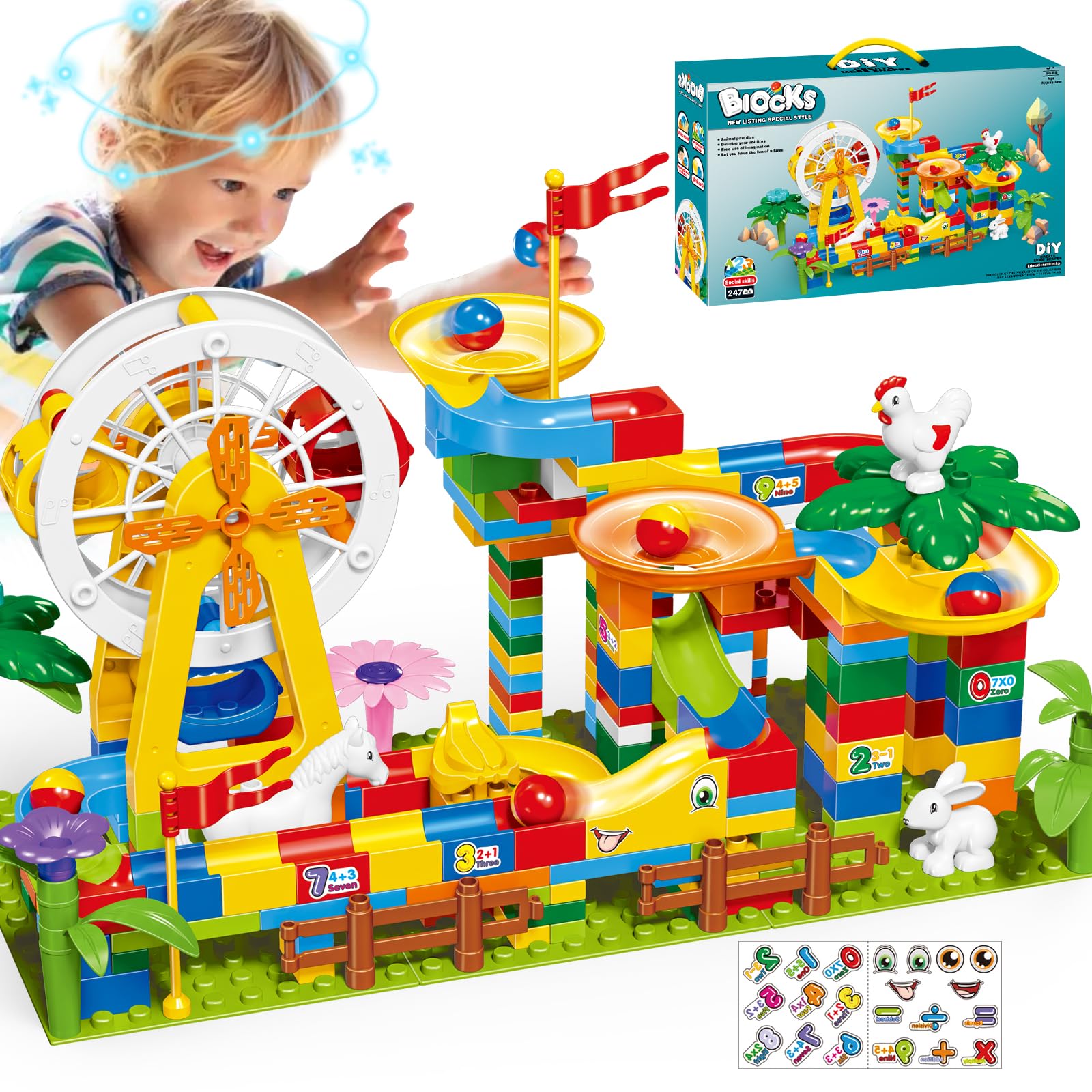 JINLIJIA 247-Piece Marble Run Set | Ferris Wheel, Building Blocks, Slides & Animal Figures