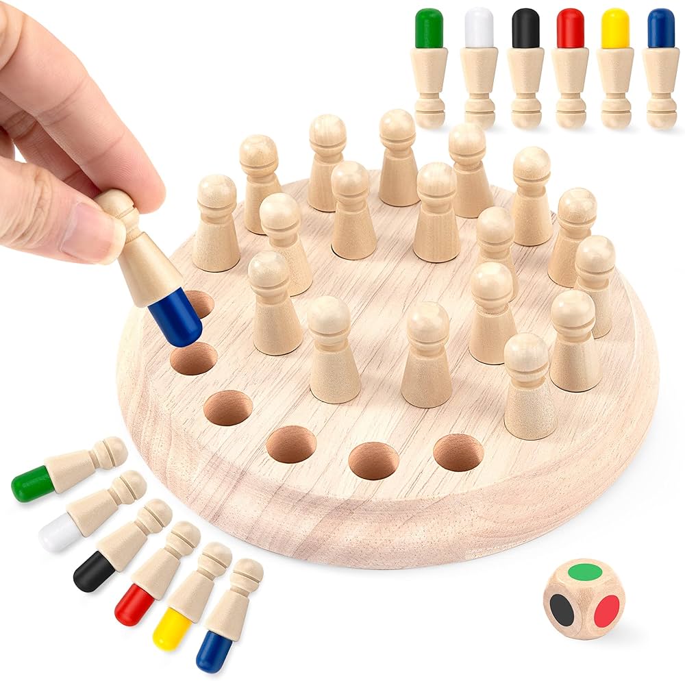 Wooden Memory Chess Colour Matching Game for Kids – Pegs, Board & Dice