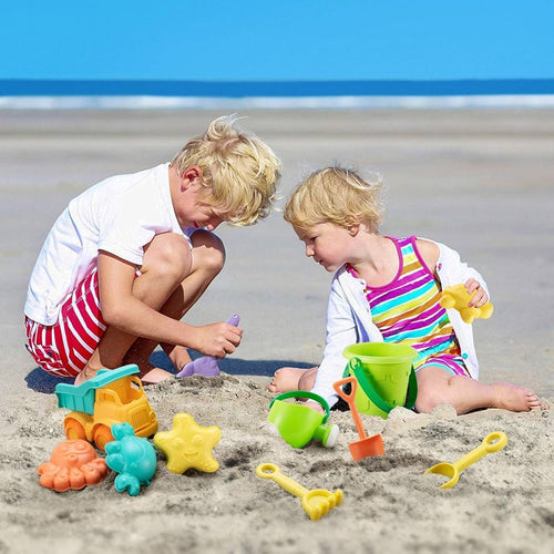 Baby Bath & Beach Toy Set – Blue Bucket, Yellow Watering Can & Flower Sand Molds for Kids