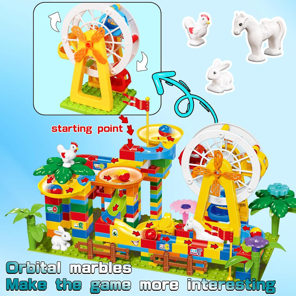 JINLIJIA 247-Piece Marble Run Set | Ferris Wheel, Building Blocks, Slides & Animal Figures