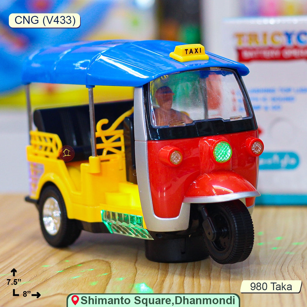 CNG Auto-Rickshaw Taxi Toy – Bump-and-Go, LED Lights & Music (Battery-Operated)