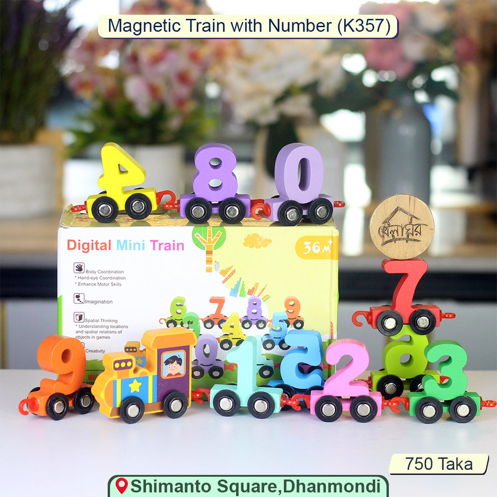 Khelaghor Magnetic Number Train Set (K357) – Wooden Educational Toy for Toddlers