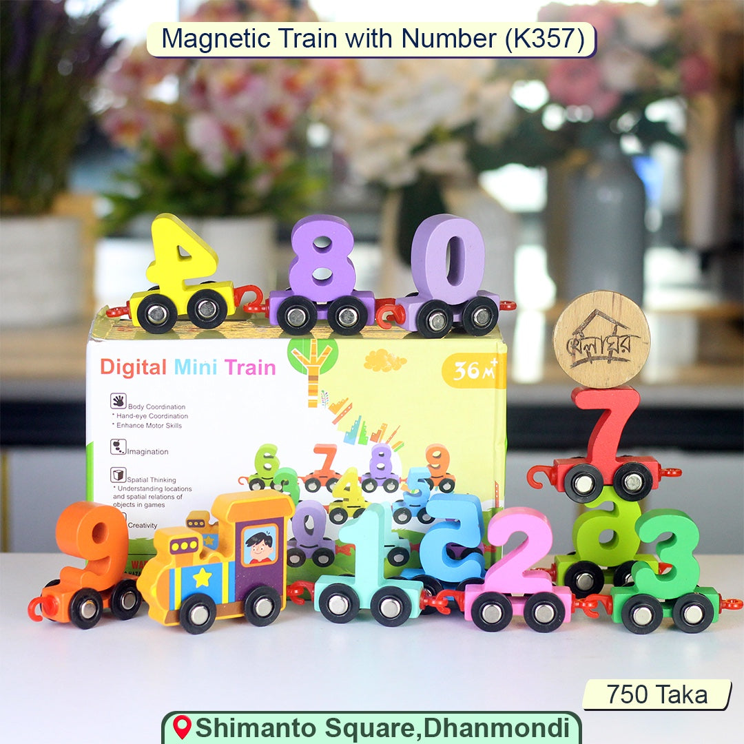 Khelaghor Magnetic Number Train Set (K357) – Wooden Educational Toy for Toddlers