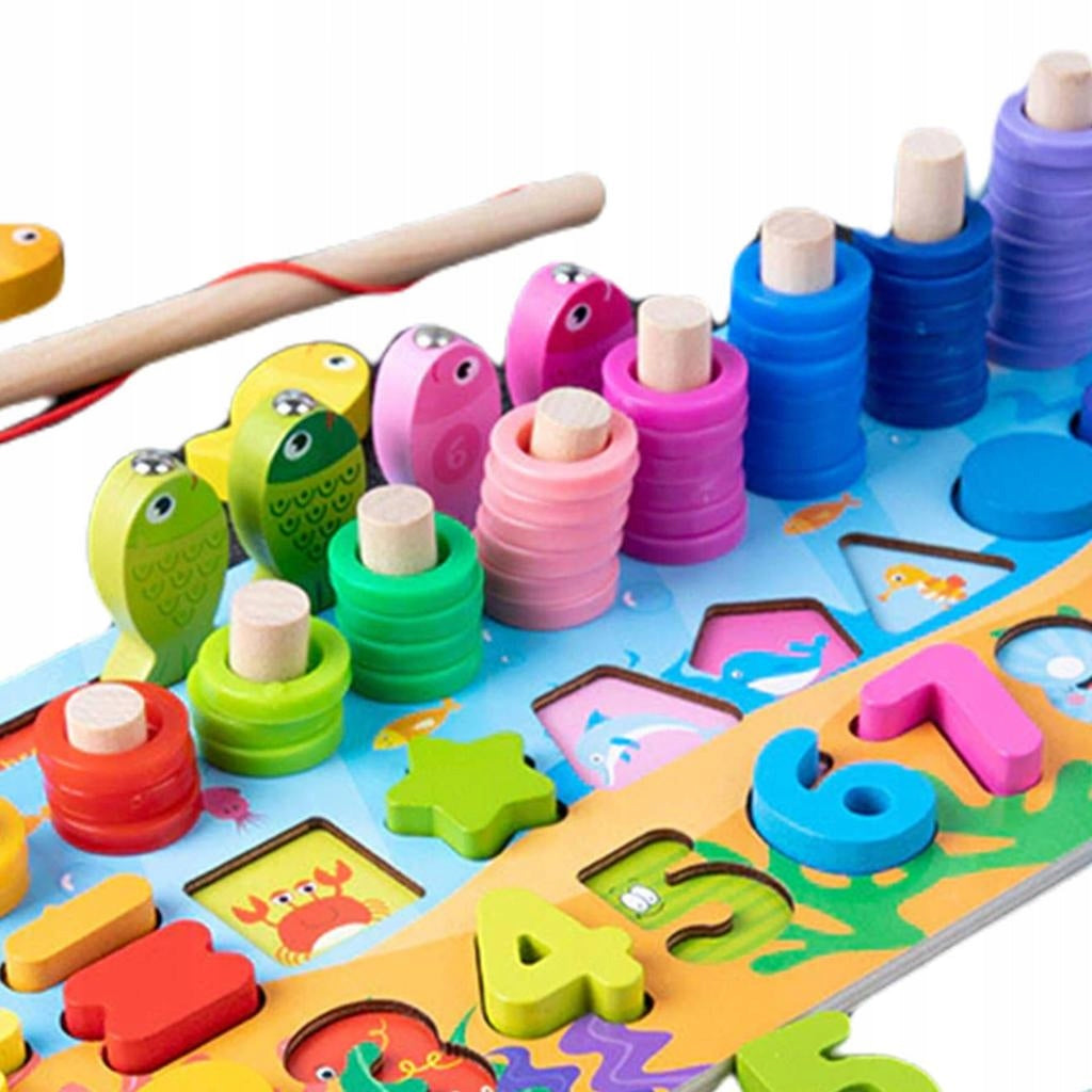 6-in-1 Montessori Wooden Educational Board for Toddlers – Fishing, Puzzles, Shapes & More